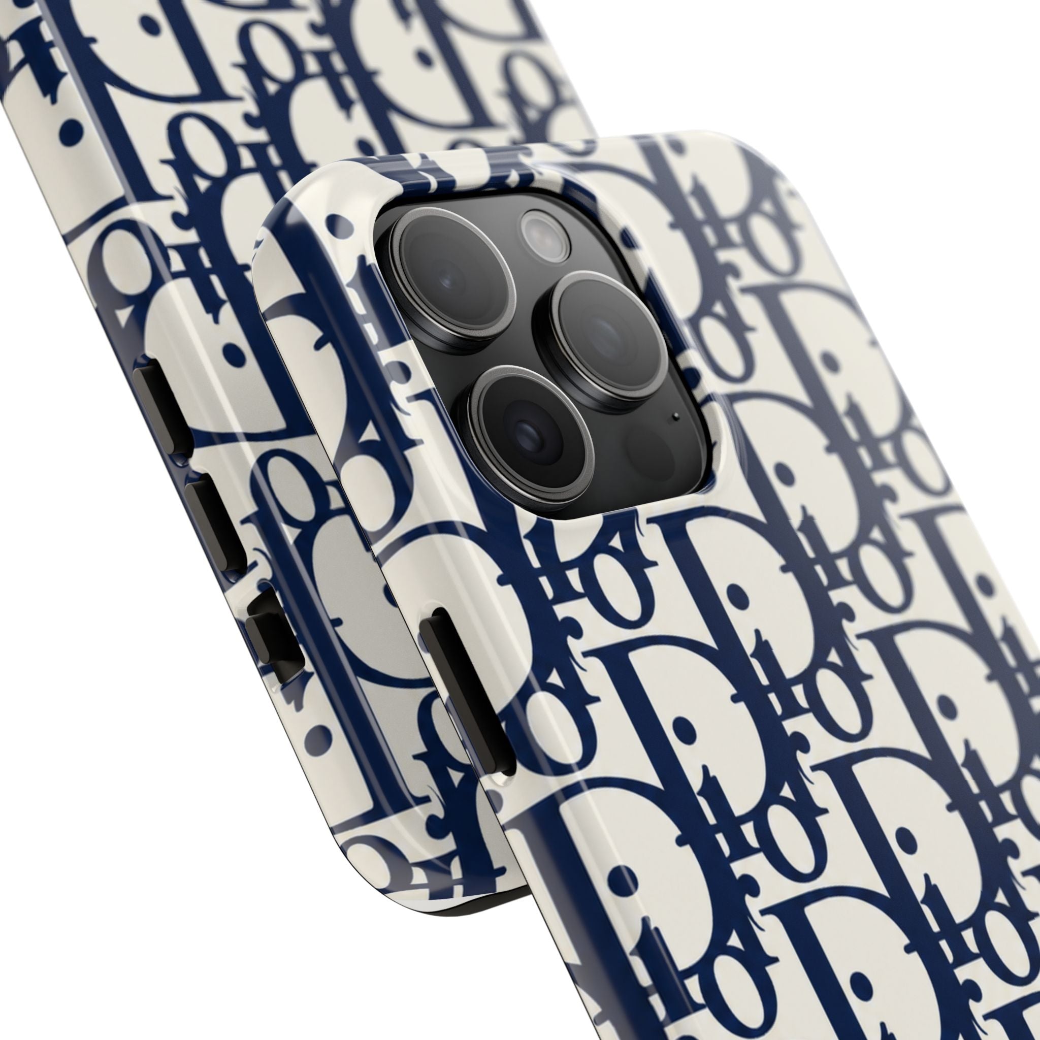 Designer Monogram Tough Phone Case — Navy Repeating 'D' Pattern