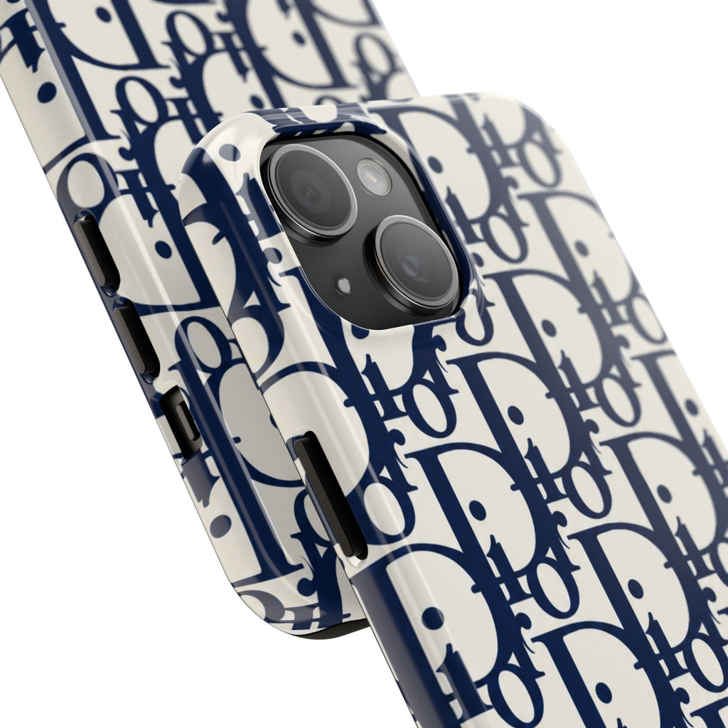 Designer Monogram Tough Phone Case — Navy Repeating 'D' Pattern