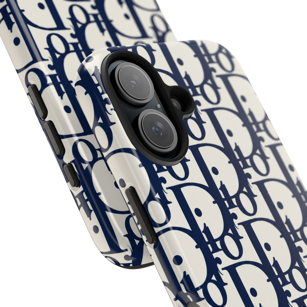 Designer Monogram Tough Phone Case — Navy Repeating 'D' Pattern