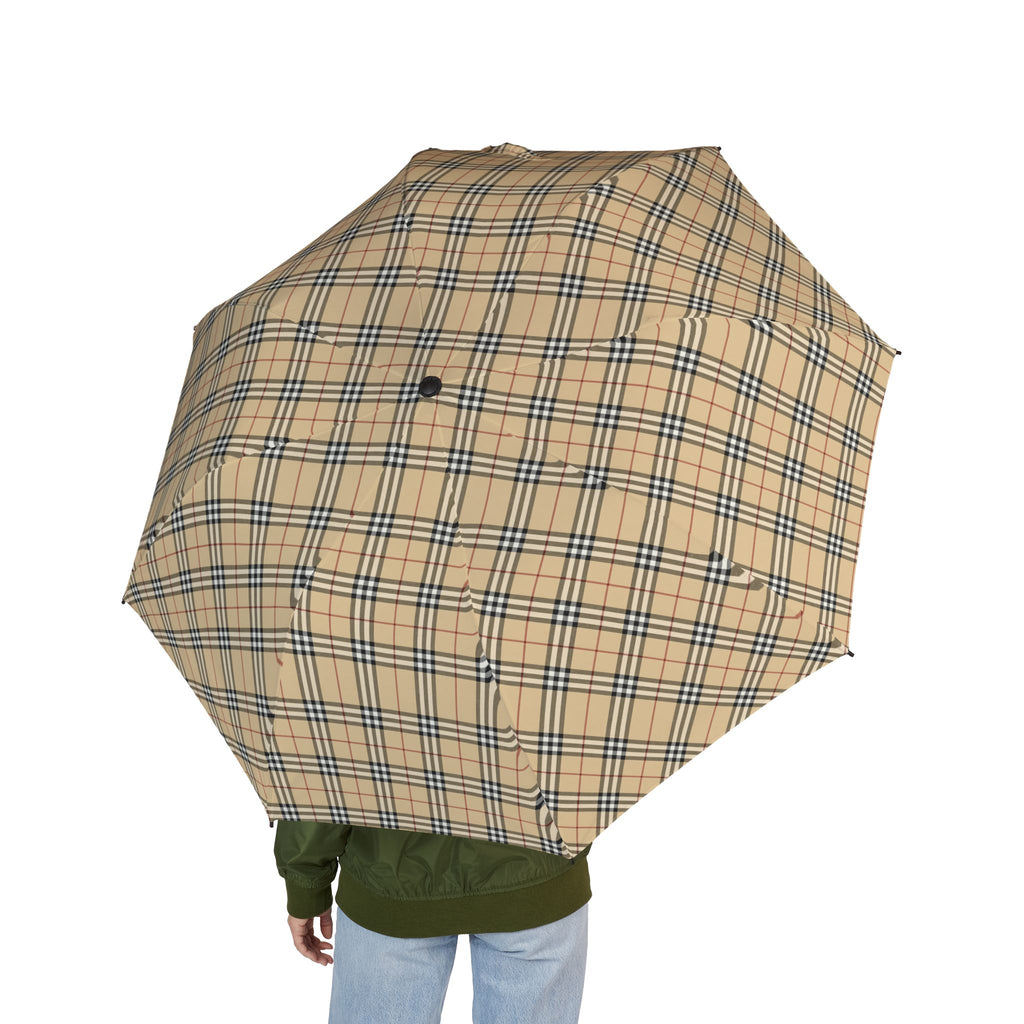Iconic British Designer Plaid Compact Plaid Foldable Umbrella — Semi-Automatic Travel Rain Parasol Nova Check
