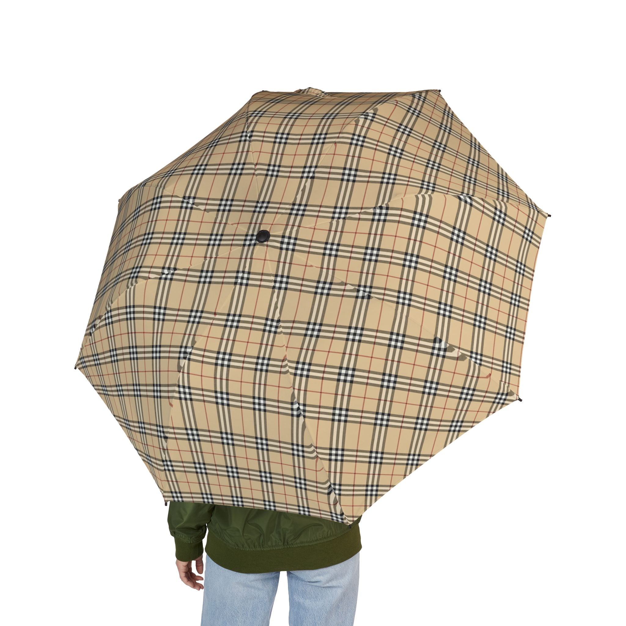 Iconic British Designer Plaid Compact Plaid Foldable Umbrella — Semi-Automatic Travel Rain Parasol Nova Check