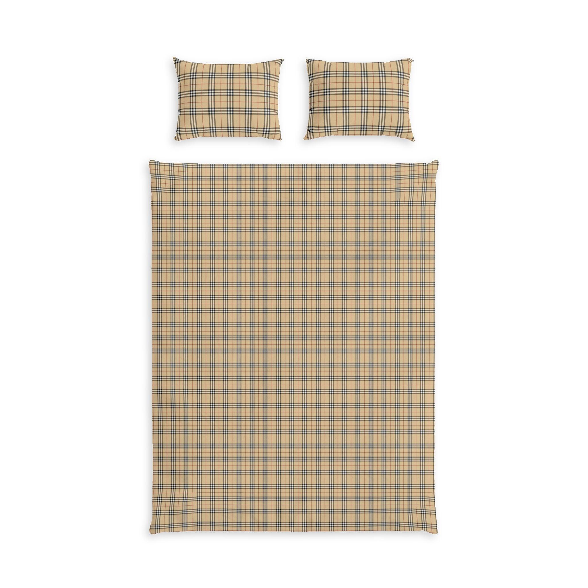 Plaid Cotton Bed Set - Classic Tan & Navy Check Duvet Cover with Pillowcases Nova Check