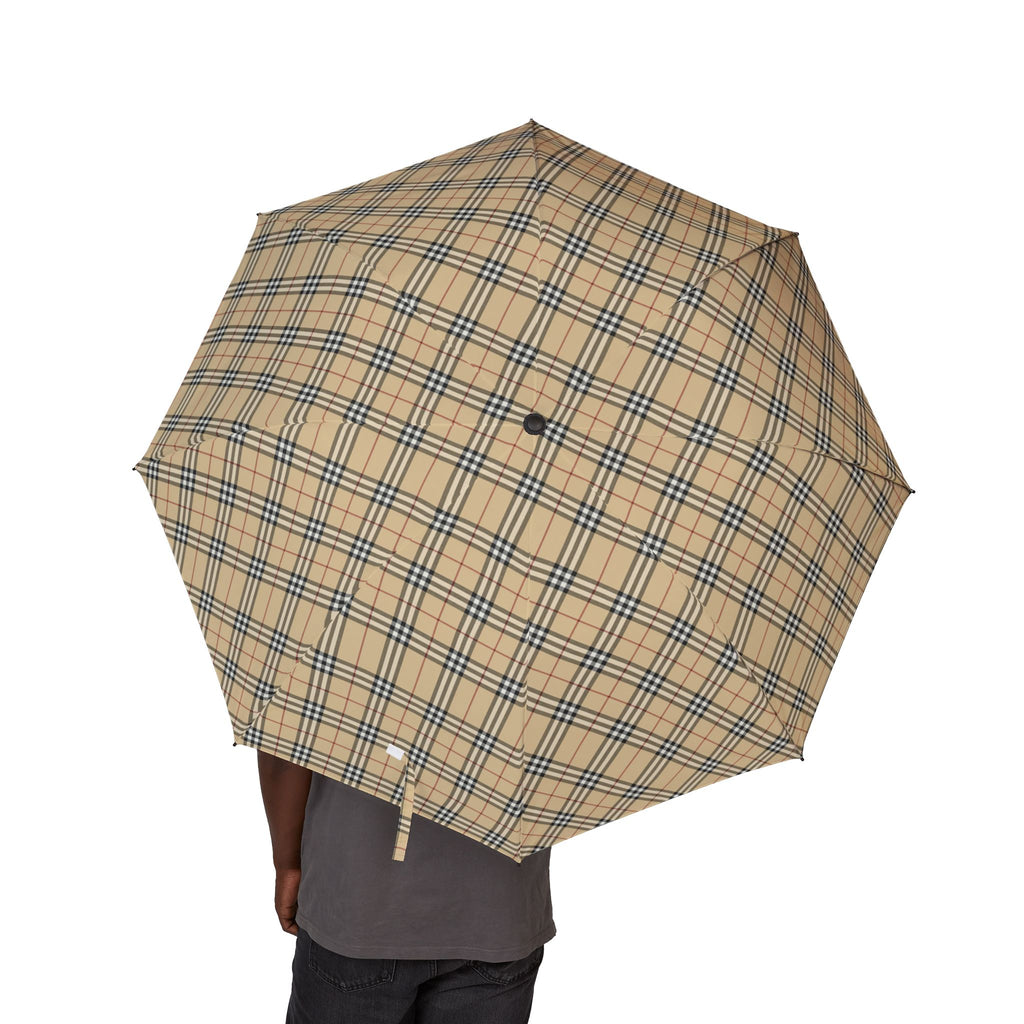 Iconic British Designer Plaid Compact Plaid Foldable Umbrella — Semi-Automatic Travel Rain Parasol Nova Check