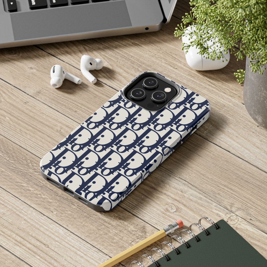 Designer Monogram Tough Phone Case — Navy Repeating 'D' Pattern