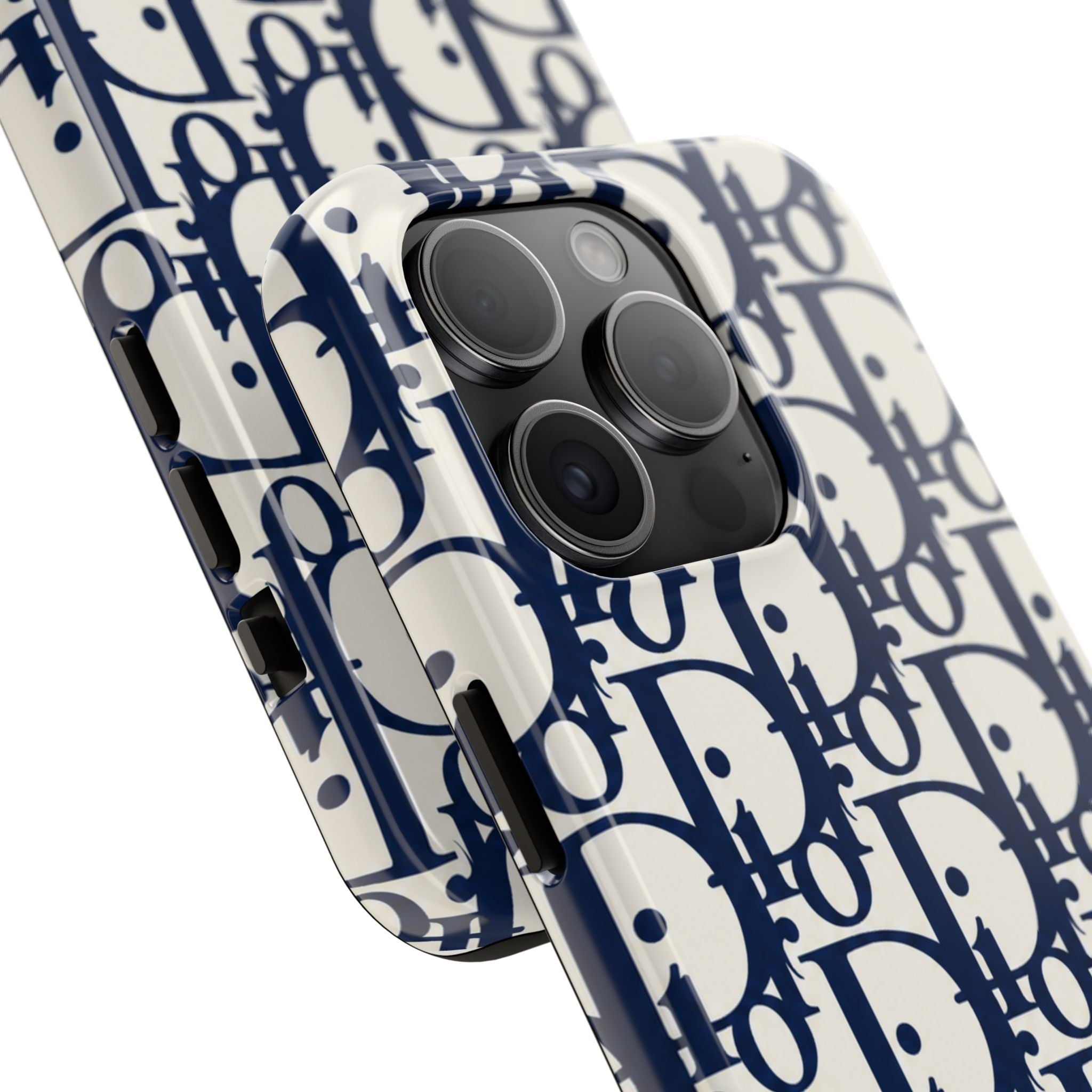 Designer Monogram Tough Phone Case — Navy Repeating 'D' Pattern