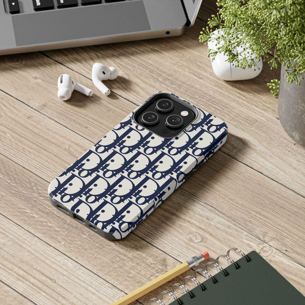Designer Monogram Tough Phone Case — Navy Repeating 'D' Pattern