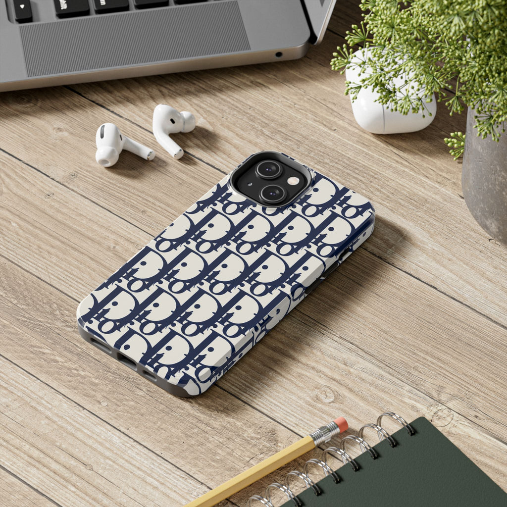 Designer Monogram Tough Phone Case — Navy Repeating 'D' Pattern