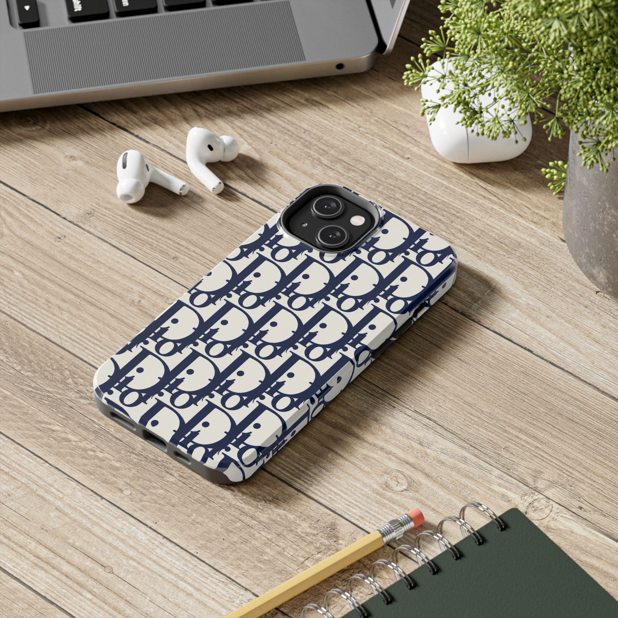 Designer Monogram Tough Phone Case — Navy Repeating 'D' Pattern