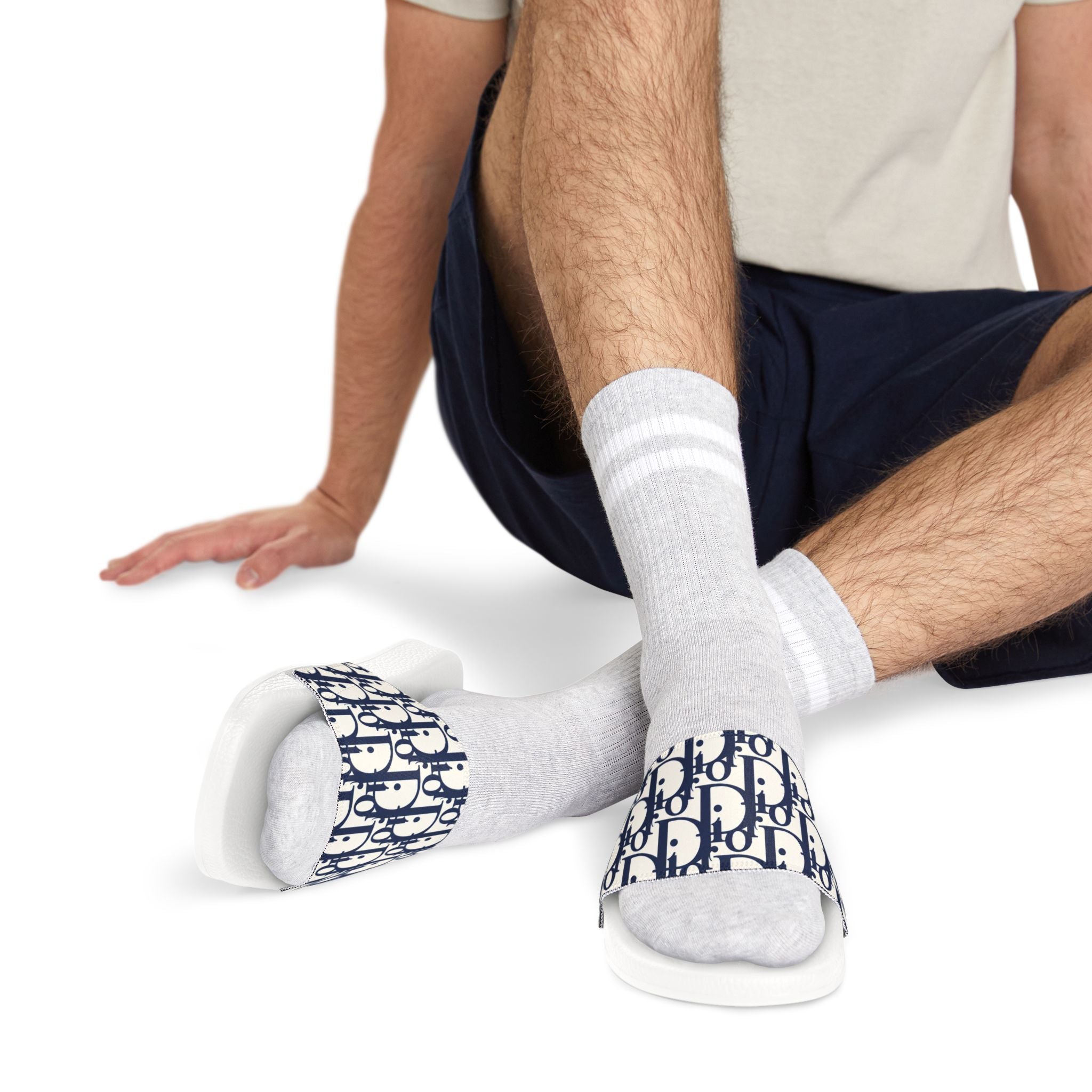 Slide Sandals — Navy Monogram Removable-Strap Slides