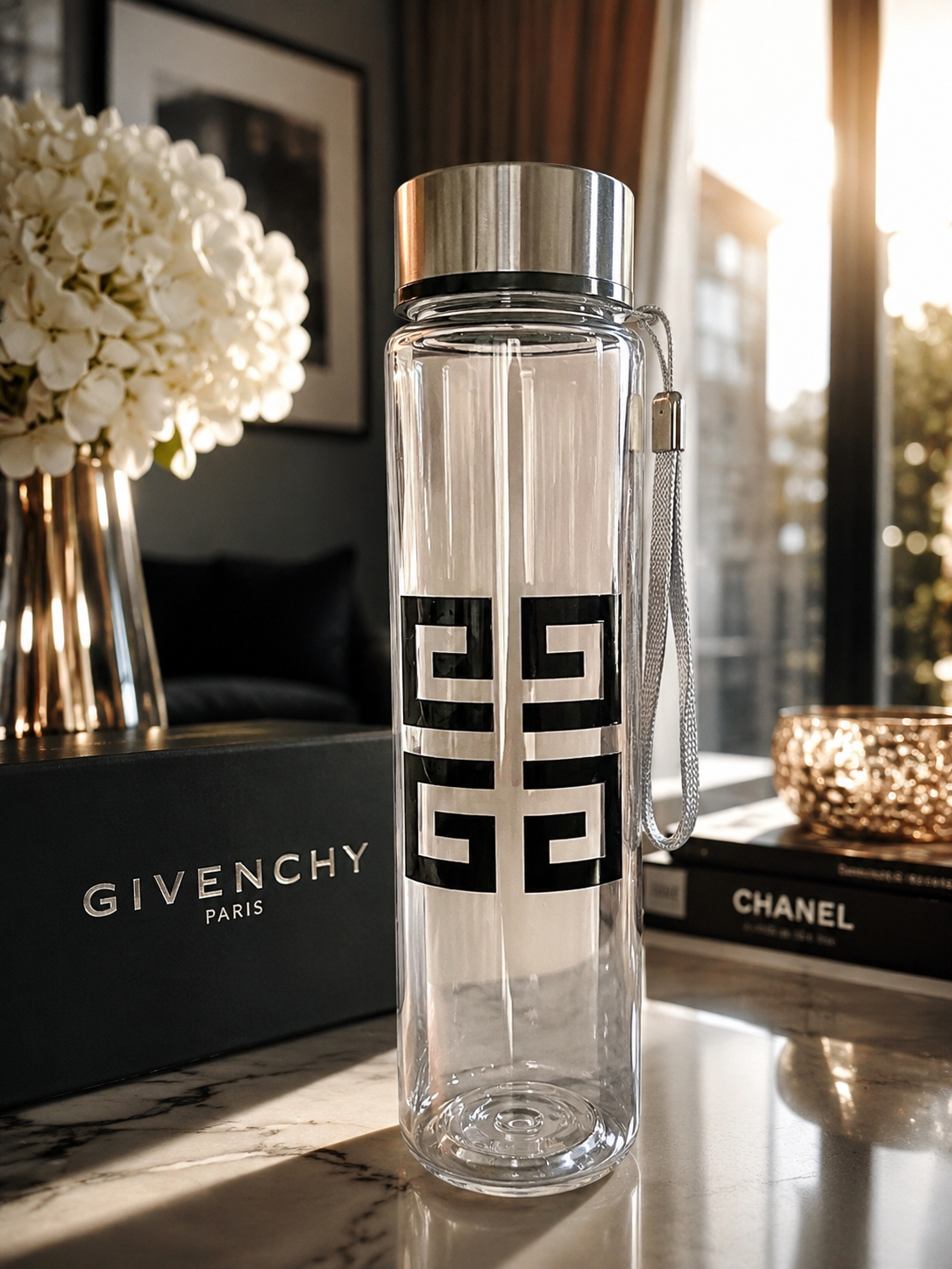 Givenchy Clear Water Bottle with Classic Logo and Silver Cap 22 Oz.