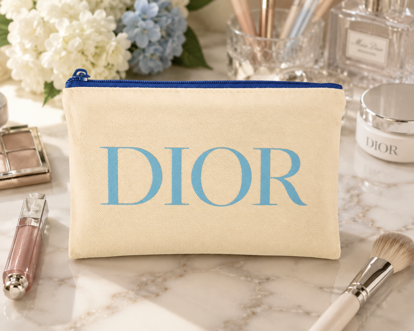 Cream Canvas Cosmetic Bag | 4.5" x 7" Zip Make-up Dior Logo Dark Blue Zipper
