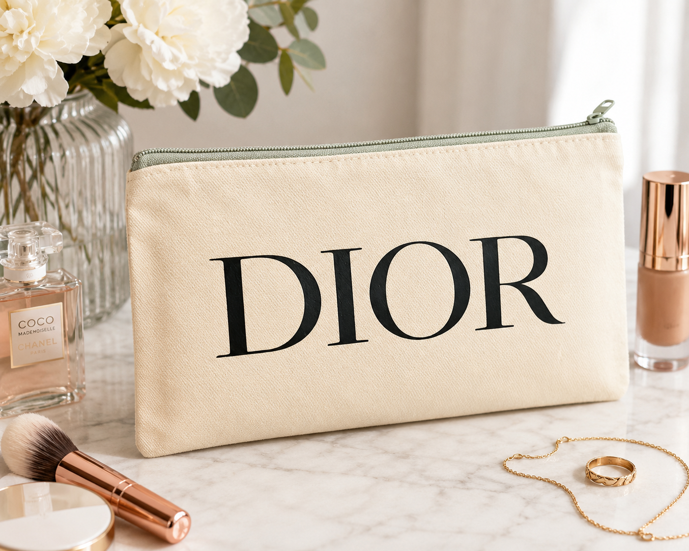 Cream Canvas Cosmetic Bag | 4.5" x 7" Zip Make-up Dior Logo Seafoam Zipper