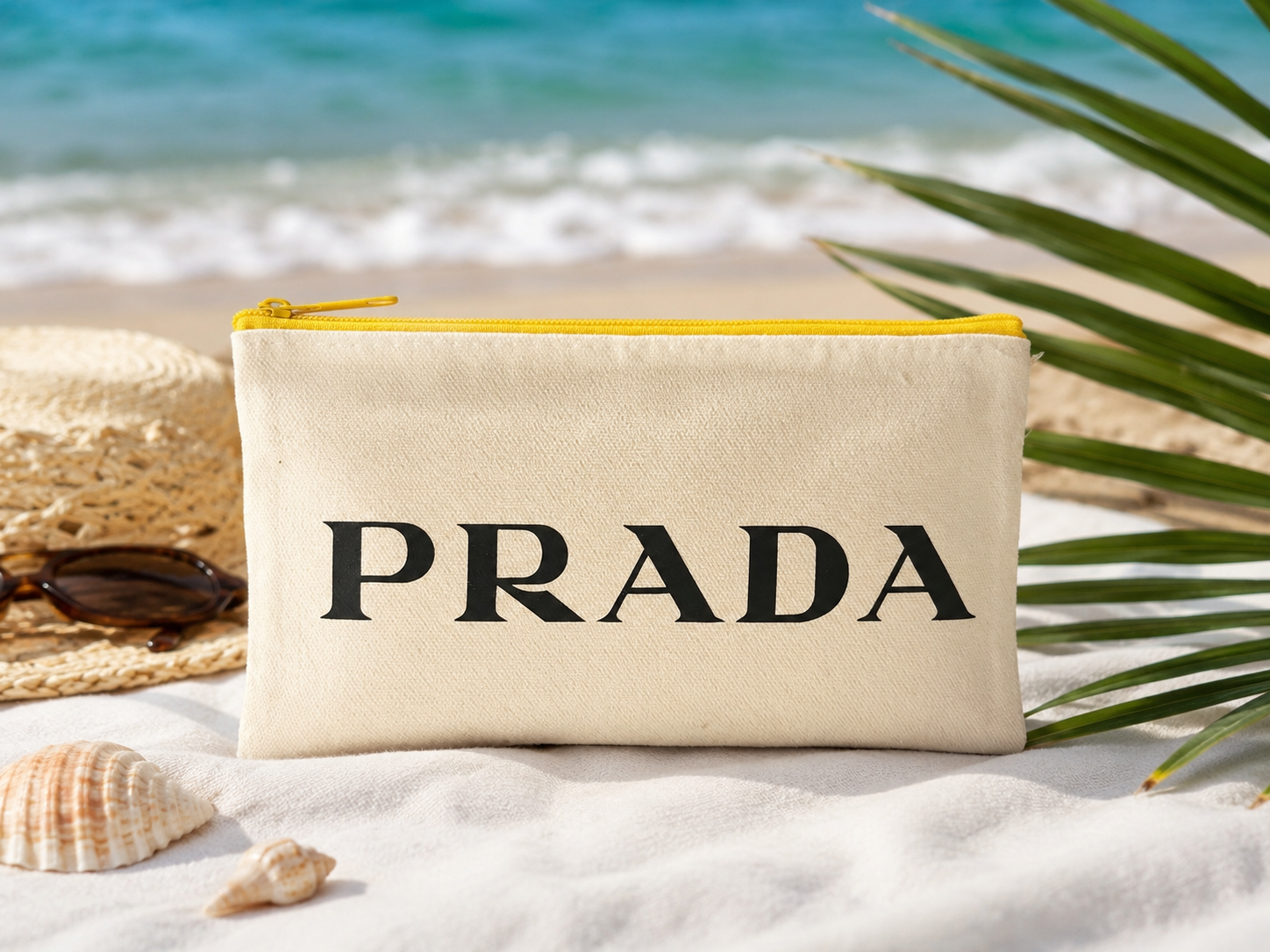 Cream Canvas Cosmetic Bag | 4.5" x 7" Zip Make-up Prada Black Logo Yellow Zipper