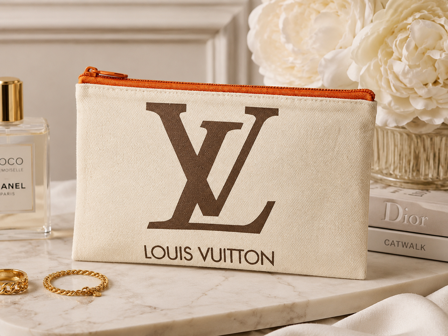Cream Canvas Cosmetic Bag | 4.5" x 7" Zip Make-up LV Monogram Logo with Orange Zipper