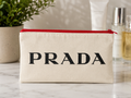 Cream Canvas Cosmetic Bag | 4.5" x 7" Zip Make-up Prada Black Logo Red Zipper