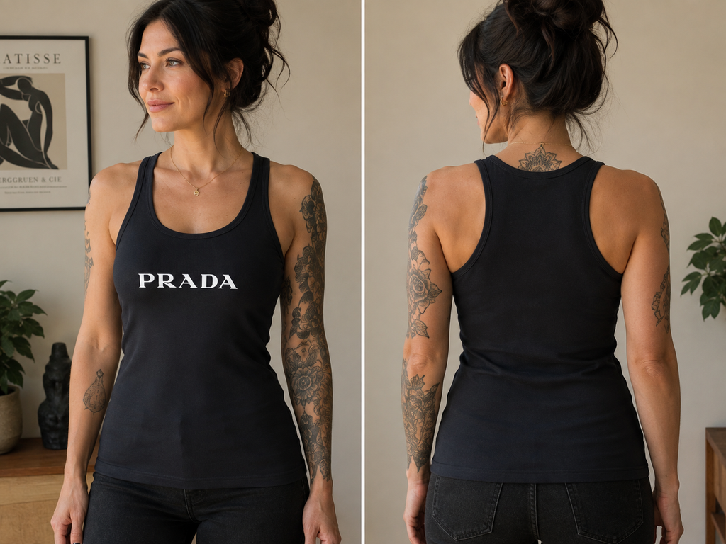 Prada Black Tank Top with Screen Printed White Logo XL