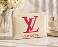 Cream Canvas Cosmetic Bag | 4.5" x 7" Zip Make-up Raspberry LV Logo