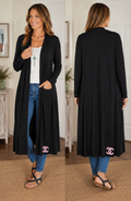 Women's Longline Black Jersey Knit Open Front Cardigan 48" Duster Size M Chanel
