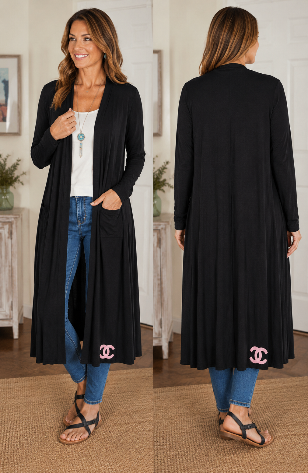Women's Longline Black Jersey Knit Open Front Cardigan 48" Duster Size M Chanel