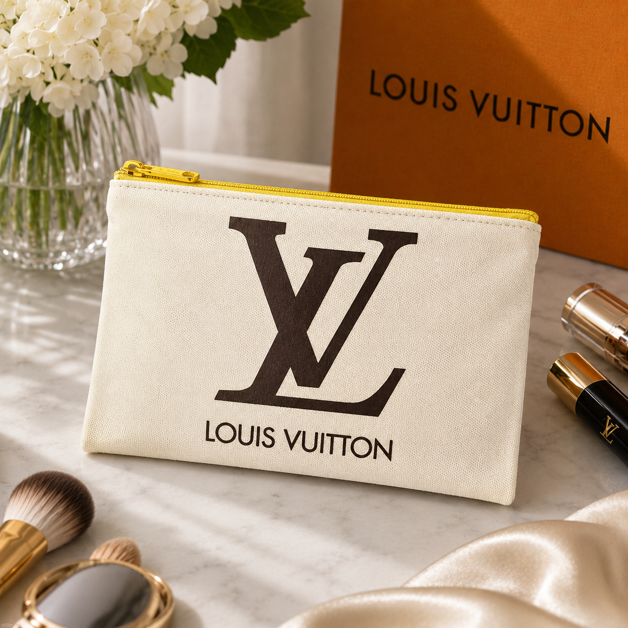LV Canvas Travel Cosmetics Pouch with Yellow Zipper 4.5 x 6.5 Inches
