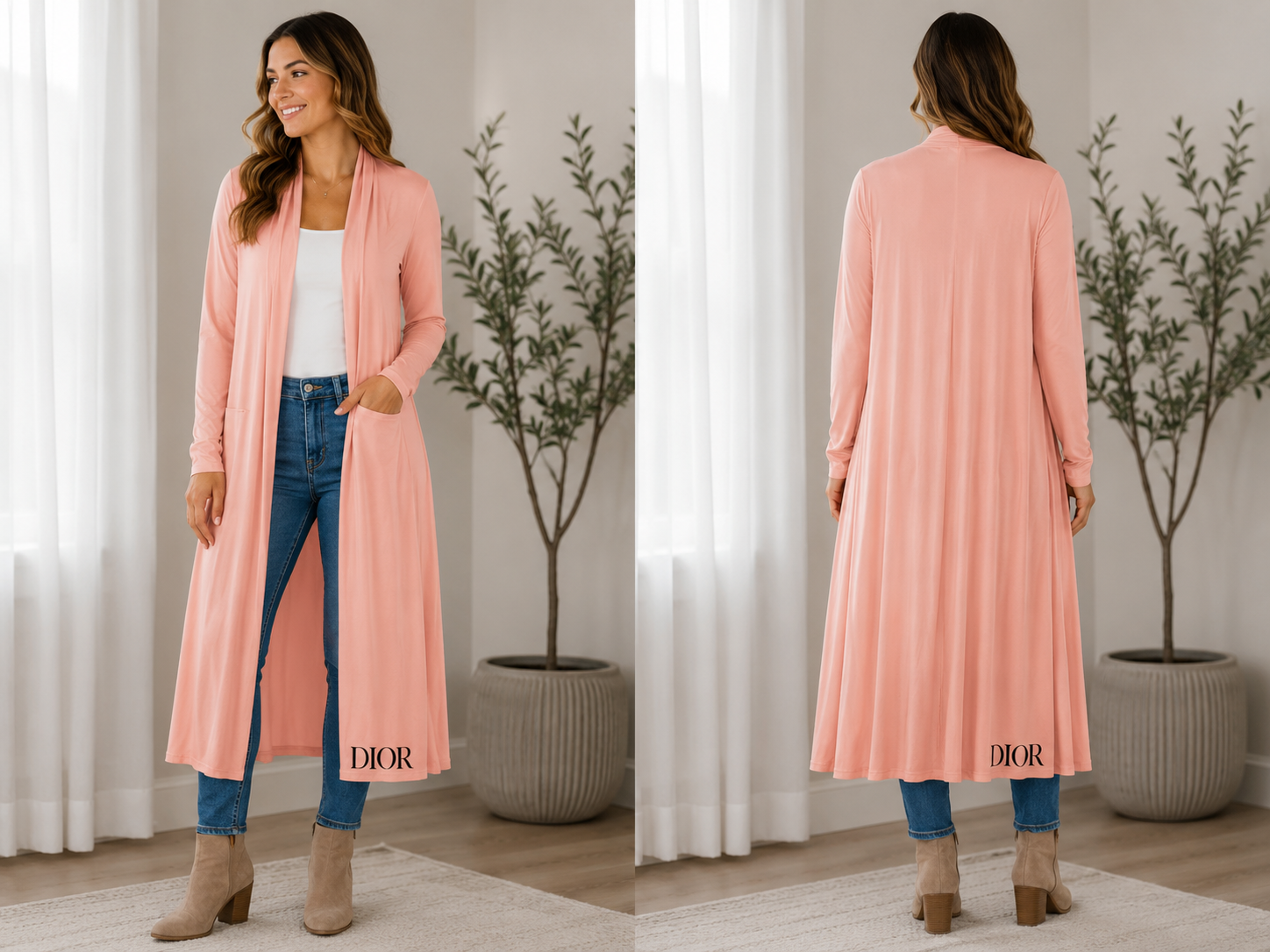 Blush Pink Longline Logo Jersey Knit Open Cardigan | 48" Duster Size Small Dior