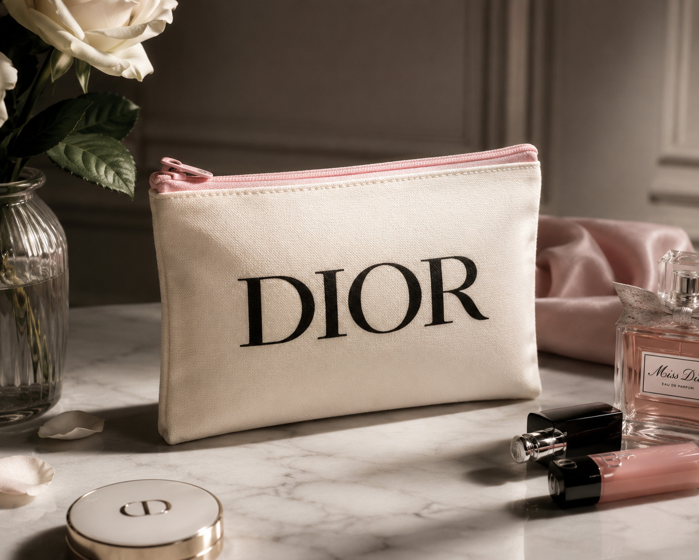 Cream Canvas Cosmetic Bag | 4.5" x 7" Zip Make-up Dior Logo Pink Zipper