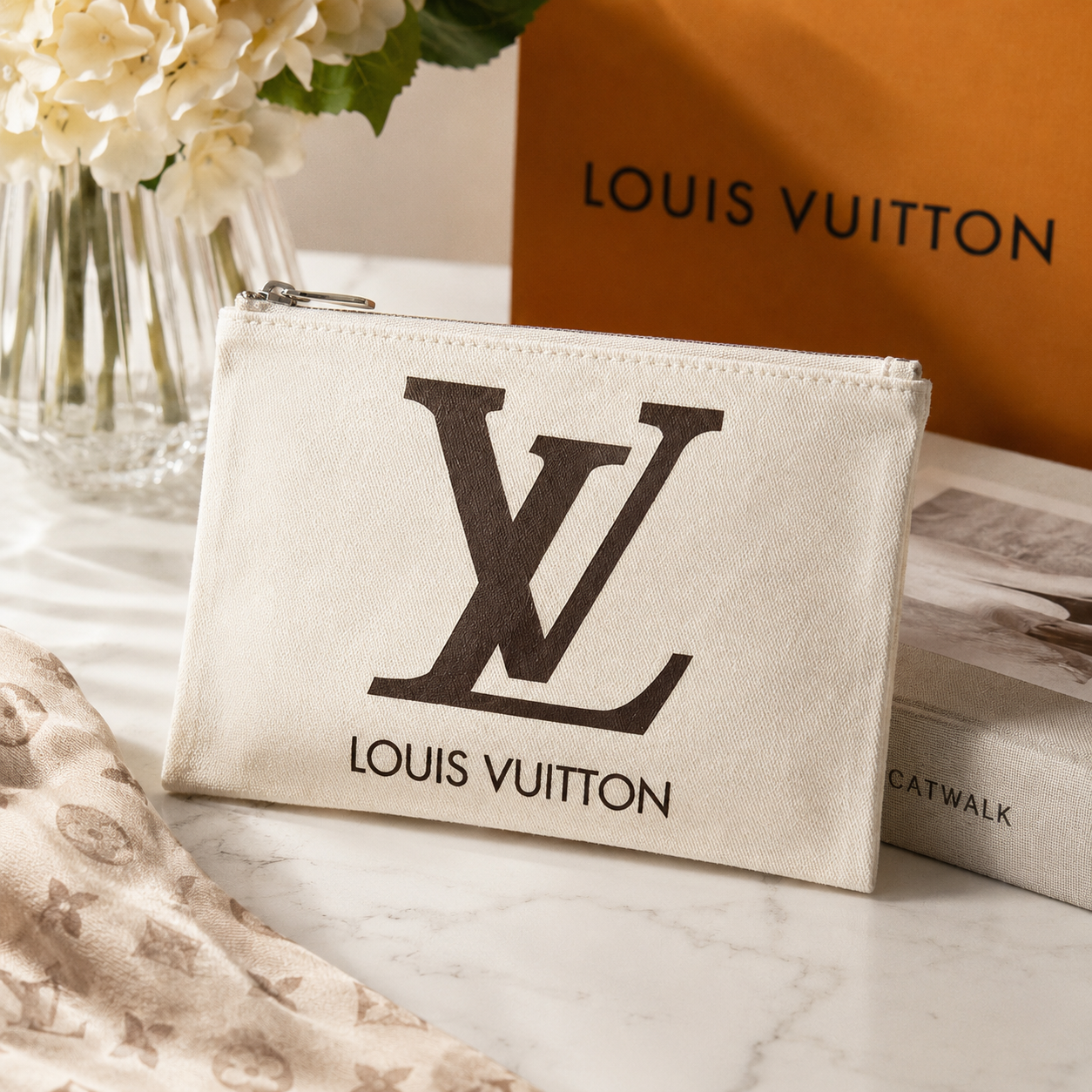 Cream Canvas Cosmetic Bag | 4.5" x 7" Zip Make-up LV Louis Vuitton Monogram Logo with Cream Zipper