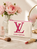 Cream Canvas Cosmetic Bag | 4.5" x 7" Zip Make-up LV Louis Vuitton Monogram Logo with Pink Zipper