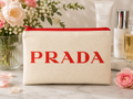 Cream Canvas Cosmetic Bag | 4.5" x 7" Zip Make-up Prada Red Logo Red Zipper