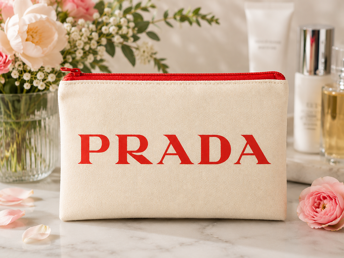 Cream Canvas Cosmetic Bag | 4.5" x 7" Zip Make-up Prada Red Logo Red Zipper