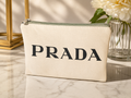 Cream Canvas Cosmetic Bag | 4.5" x 7" Zip Make-up Prada Logo Seafoam Zipper