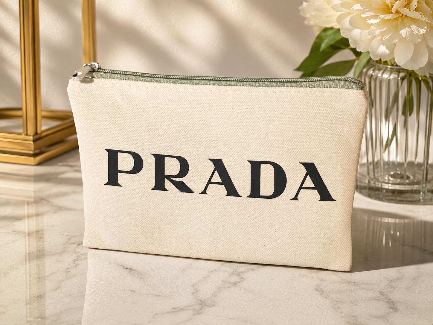 Cream Canvas Cosmetic Bag | 4.5" x 7" Zip Make-up Prada Logo Seafoam Zipper