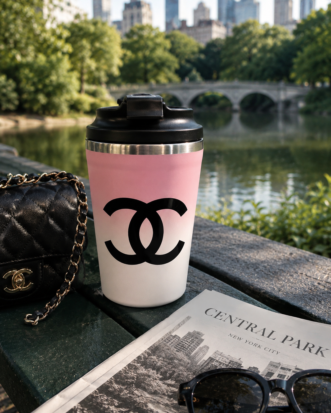 Vintage New Old Stock Y2K CHANEL Pink-2-White Ombre Travel Tumbler Black CC Logo