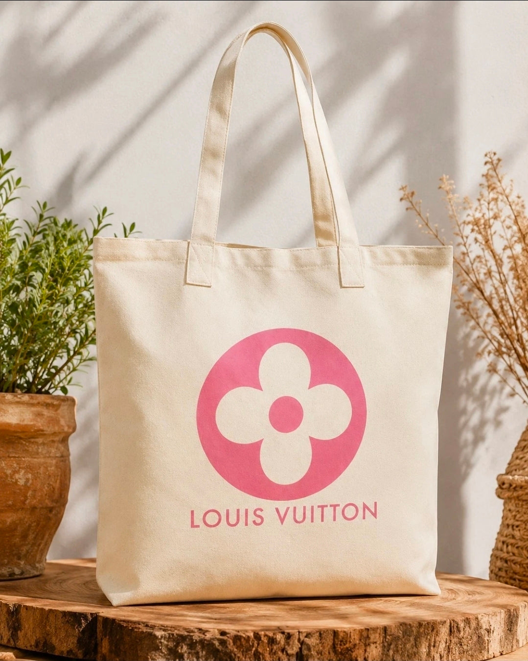 Louis Vuitton Pattern Cream Canvas Dust Cover Tote with Pink Logo 13 X 15 Inches