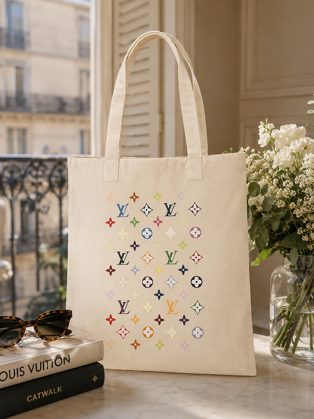 Louis Vuitton Pattern Cream Canvas Dust Cover Tote with Pink Logo 13 X 15 Inches