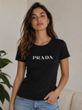 Women’s Black MicroModal Slim-Fit Crew Neck Prada Screen Printed T-Shirt – Short Sleeve, Soft Stretch, Size Large