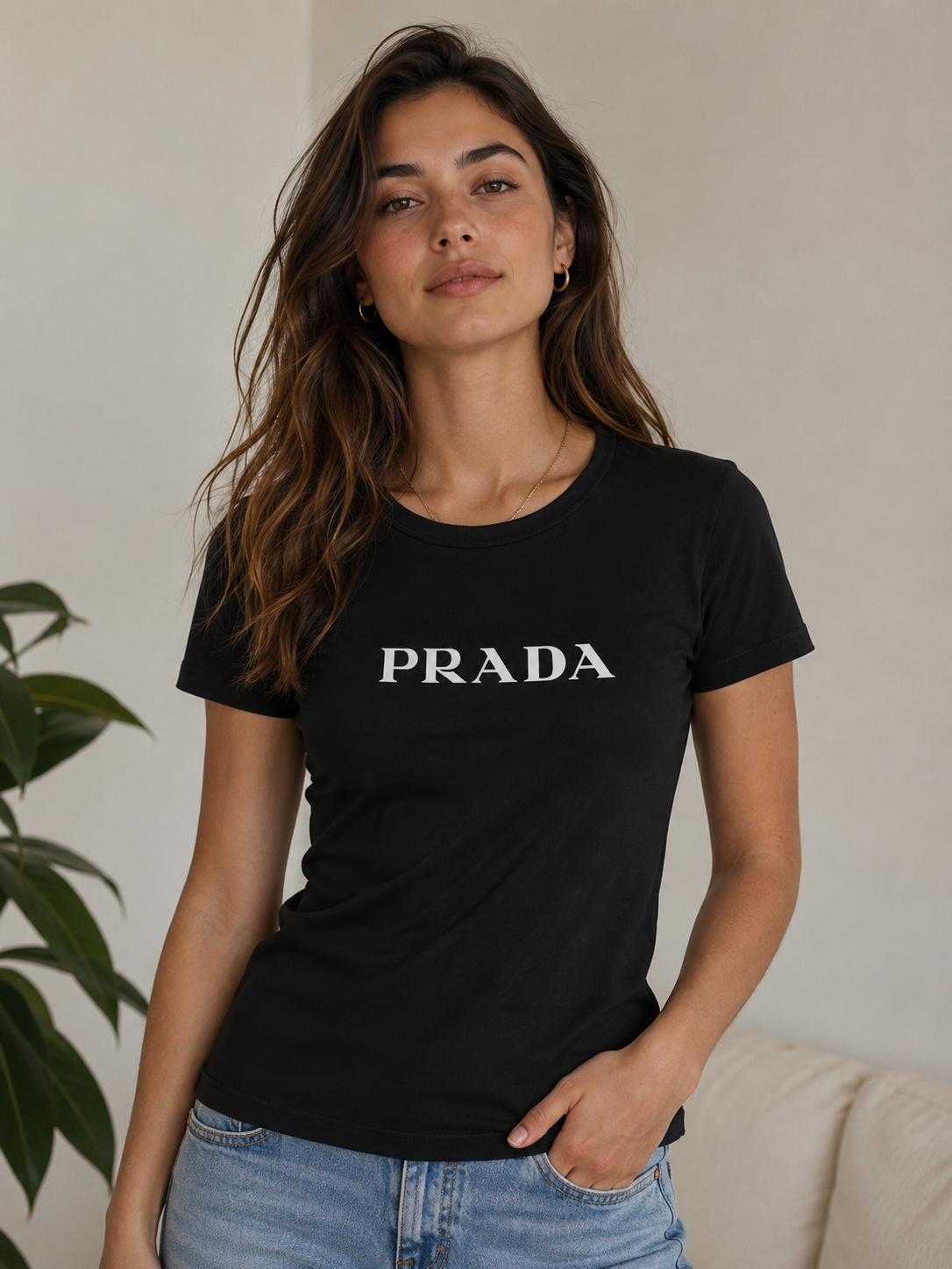 Women’s Black MicroModal Slim-Fit Crew Neck Prada Screen Printed T-Shirt – Short Sleeve, Soft Stretch, Size Large