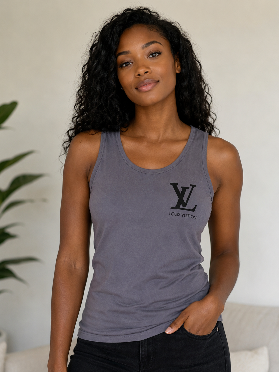 Louis Vuitton Logo Heather Gray/Brown Screen Printed Scoop Neck Tank XL