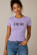 Women’s Lavender Slim-Fit MicroModal Crew Neck Screen Printed Dior Logo T-Shirt – Soft Lightweight Short-Sleeve Tee Large
